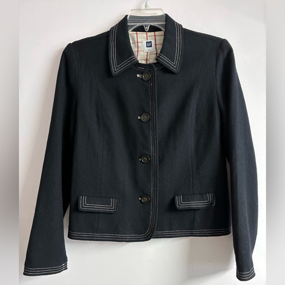GAP Women’s Wool Blend Collared Button Front Blazer, Medium, Lined, Black